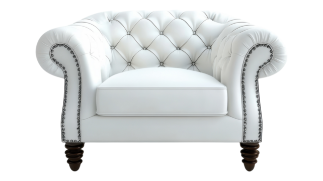 Elegant white tufted armchair with dark wooden legs, ideal for living room decor in modern interiors.