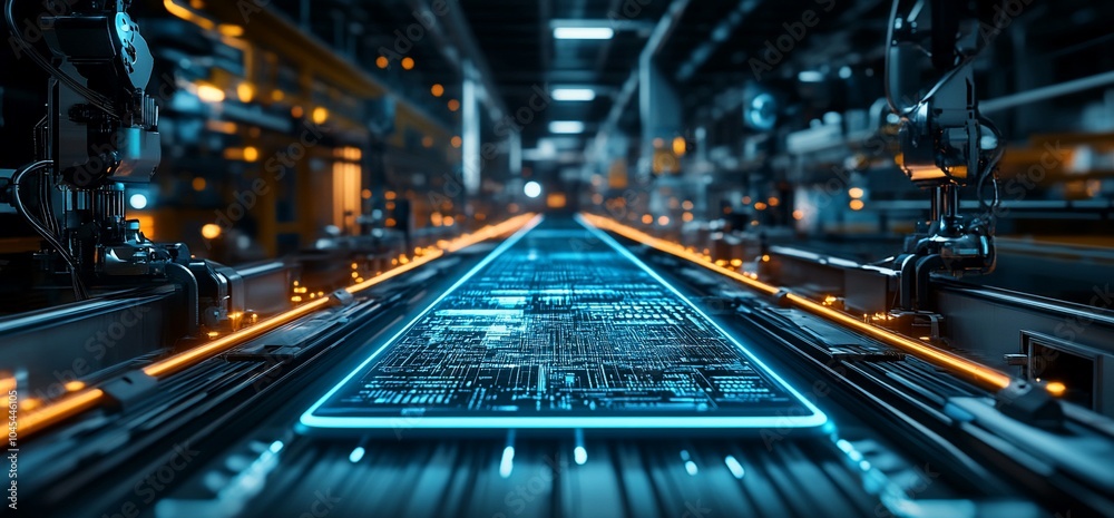 Aufkleber futuristic factory assembly line with a glowing blue circuit board in the center.