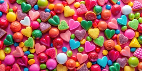 Fototapeta premium A Colorful Assortment of Heart-Shaped Candies and Round Sweets, a Delightful Treat for the Senses