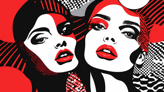 A striking pop art portrait depicting two women's faces with bold black and red colors, abstract patterns, and geometric elements. Pop Art Portrait. Illustration