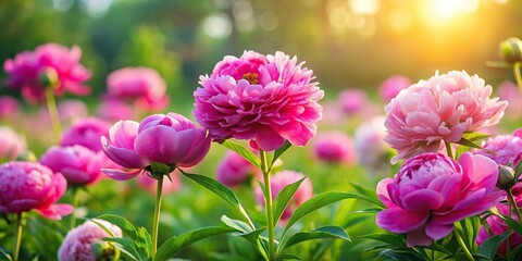 Fototapeta premium Vibrant peonies in full bloom with soft petals and delicate scent surrounding a lush green meadow at sunrise, nature landscape, gentle light, garden beauty, garden scenery
