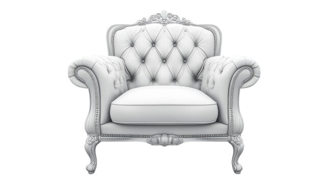 Elegant white tufted armchair with ornate detailing set against a transparent background for design purposes.
