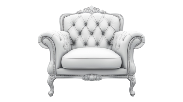 Elegant white tufted armchair with ornate detailing set against a transparent background for design purposes.