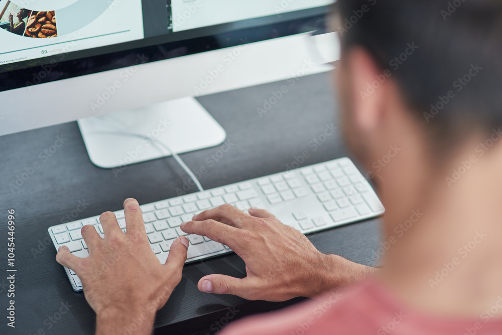 Poster Man, employee and hands on computer keyboard in office, work and copywriter online for research. Male person, professional and email client for planning agenda, project management and website review