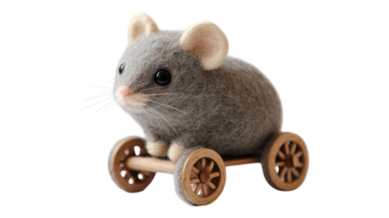 A gray felted mouse on a wooden cart, showcasing adorable craftsmanship and playful design during a bright, natural light setting.