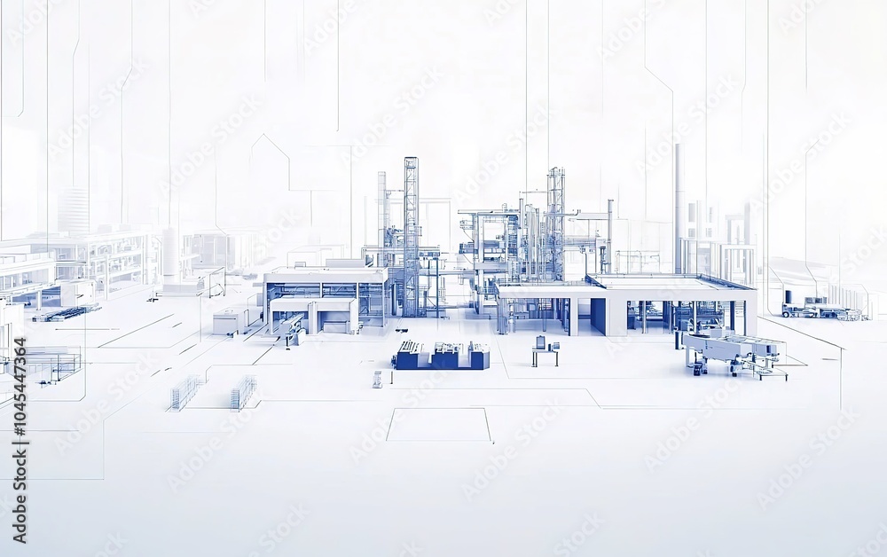 Poster modern industrial factory layout in abstract design with outlined structures on a white background, 