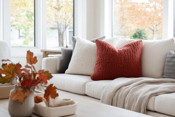 Fototapeta premium Cozy living room with white sofa and decorative knit pillows in red autumn colors. Interior decor in autumn style.