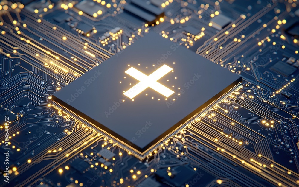 Poster a close-up view of a microchip illuminated on a circuit board showcasing intricate connections and a