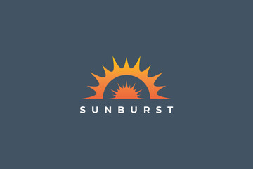 Sun Logo Image. Half Of Sunburst With Bright Color Isolated On Blue Background. Flat Vector Logo Design Template Element Usable For Nature And Vacation Logos.