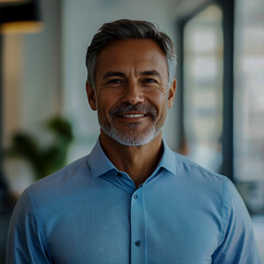 Naklejka premium Confident middle-aged businessman standing in an office, smiling for a headshot.