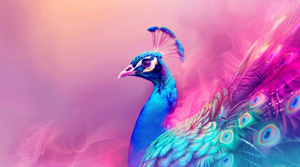 Fototapeta premium Vibrant peacock with colorful plumage on mystical pink background