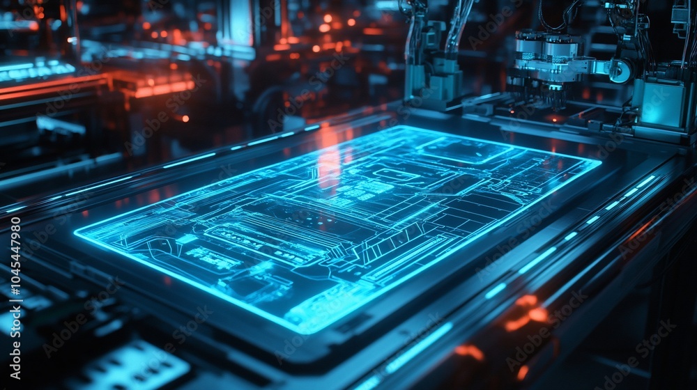 Poster futuristic factory with a glowing blue circuit board on a production line.