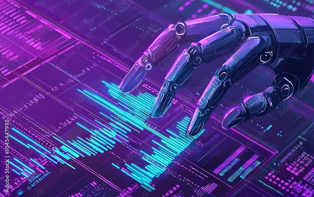 Poster a robotic hand interacts with digital data display in a high-tech environment showcasing advanced te