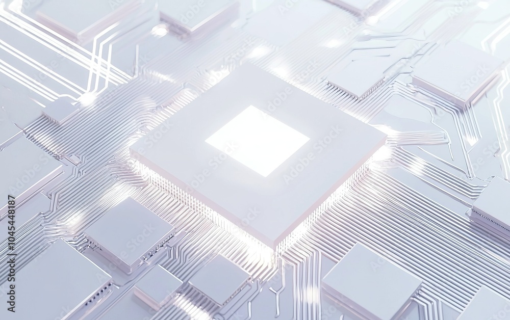 Poster a close-up view of a modern microchip with intricate circuits and glowing elements on a white backgr