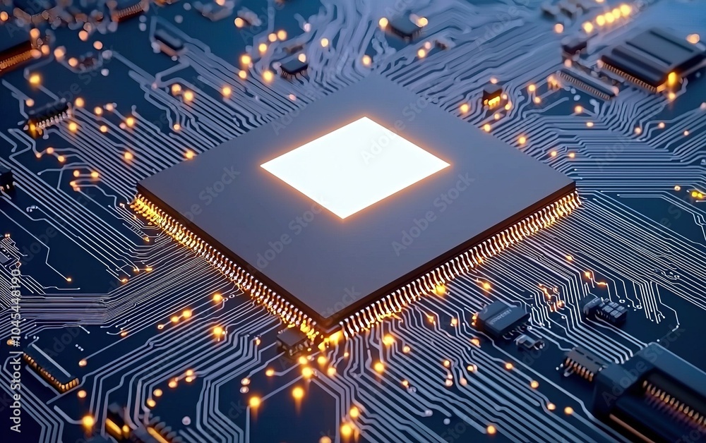 Poster close-up view of a glowing microchip on a circuit board with intricate wiring illuminated by tiny li