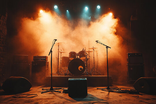 Concert stage on rock festival, music instruments silhouettes, colorful, neon, vibrant background with copy space