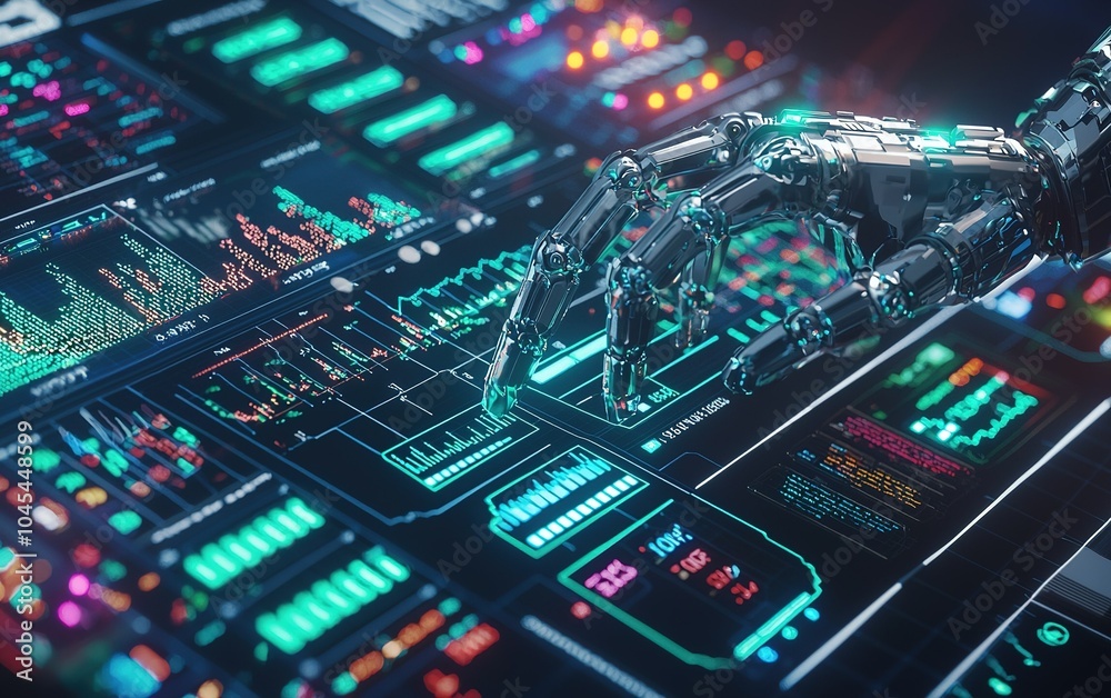 Poster a robotic arm interacts with a complex dashboard filled with data visualizations and vibrant graphic