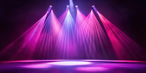 A captivating stage illuminated by vibrant pink and blue spotlights, creating a dramatic and mysterious atmosphere. Ideal for event posters, music videos, and theatrical productions.