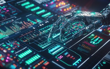 Fototapeta premium A robotic arm interacts with a complex dashboard filled with data visualizations and vibrant graphics in a futuristic tech environment