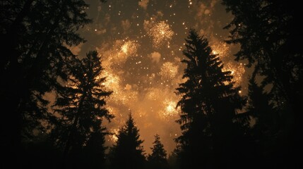 Fototapeta premium Fireworks burst in the night sky above a serene forest, no people, with space for copy