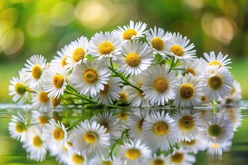 Fototapeta premium White flower erigeron annuus, wild chamomile, natural background, heap, reflected