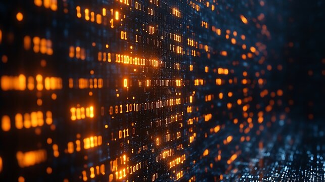 A digital wall of glowing binary code in orange and blue hues.
