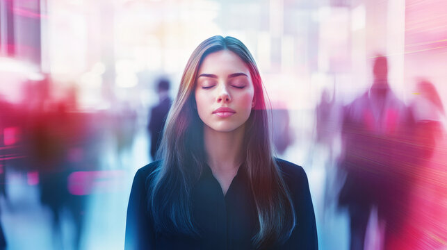 A young woman stands with her eyes closed in the middle of chaotic city life and crowds of people, breathing deeply and trying to relax and remain calm. Mental health, relaxation during a panic attack