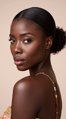 Elegant Black Female Model in High-Fashion Glamour Photography &ndash; Natural Beauty with Melanin Glow on Neutral Background