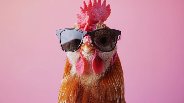 Chicken with Sunglasses Against Pink Background