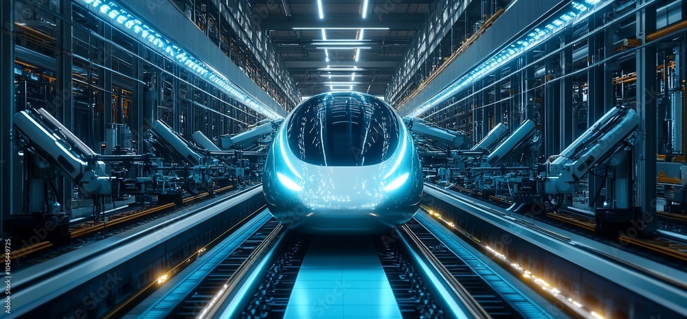 Poster futuristic high-speed train moving on a track in a futuristic factory with glowing blue lights.