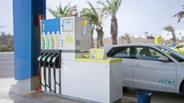 Blurred, defocused view of a petrol station with gas pumps, a white car parked beside and palm trees in the background on a sunny day.