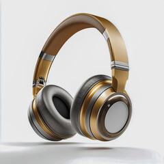 Display of elegant gold and silver headphones with a sleek modern design on a white background,...