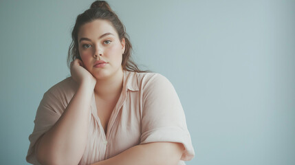 Fototapeta premium Thoughtful plus-size woman sitting indoors, resting her head on hand, contemplating in natural light