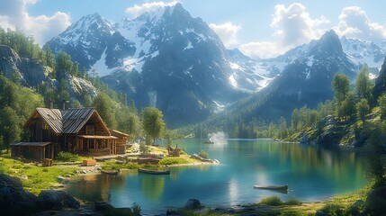 Fototapeta premium A serene mountain lake with a wooden cabin nestled on the shore, surrounded by lush greenery and snow-capped peaks. The water is crystal clear and reflects the blue sky.