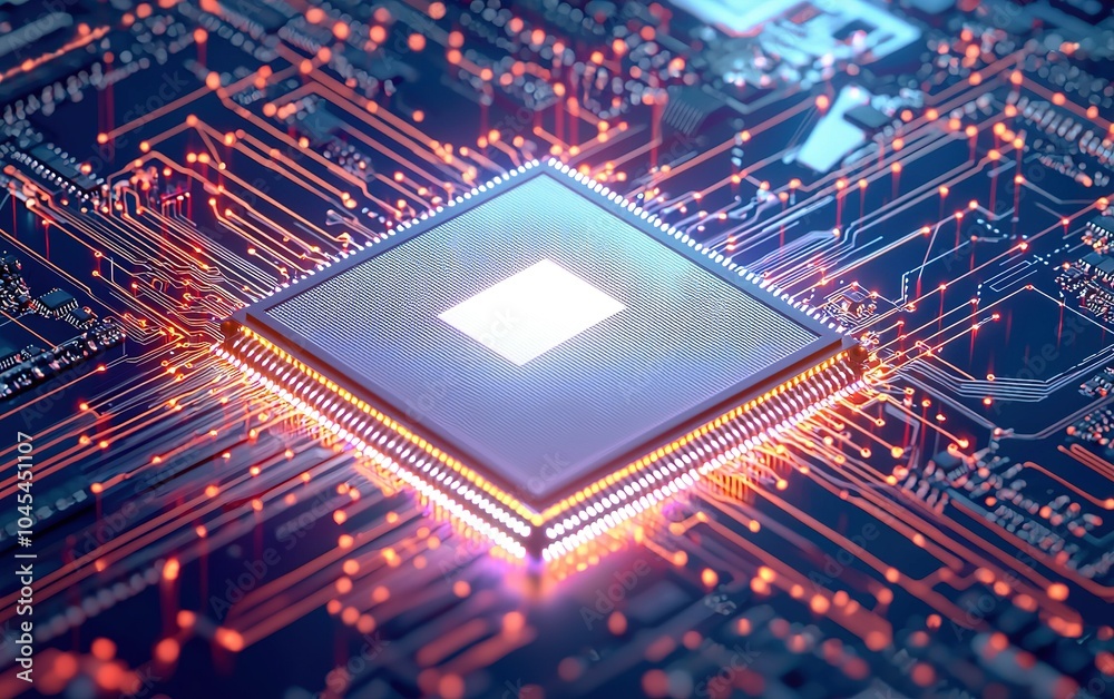 Poster a close-up view of a microprocessor surrounded by intricate circuit board patterns and glowing conne