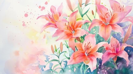 Obraz premium A watercolor painting of delicate pink lilies on a white background