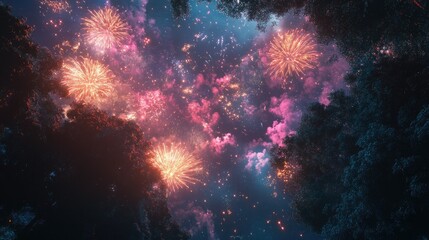 Fototapeta premium Fireworks explode above a peaceful forest, celebrating with vibrant colors and copy space
