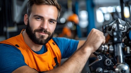 Fototapeta premium Technician programming a hydraulic tube bender machine preparing and configuring the equipment for a complex metal bending task in an industrial manufacturing workshop or metalworking facility