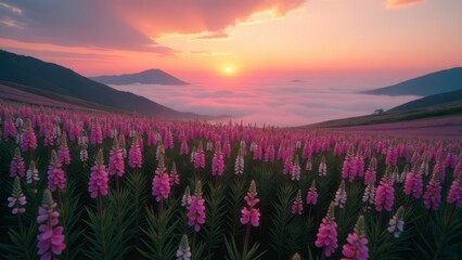 Breathtaking sunset over lupine fields and misty valley landscape