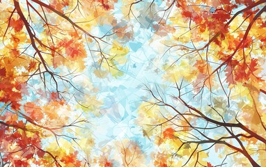 Vibrant autumn leaves creating a colorful canopy against a bright blue sky in a serene forest setting