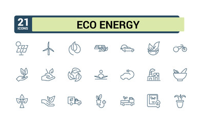 Ecology icon pack. Includes thin line green power, eco energy, wind power, green power, nature, power, energy, environmental and more. Simple web icons set. Editable vector icon and illustration.