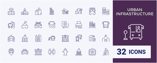 Infrastructure icon pack. Contains such icons as urban, skyscraper, construction, development, building, community and more. Simple icon designs. Editable stroke. Vector illustration.