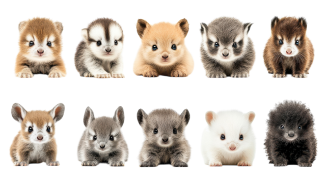 A collection of adorable baby animals posing cutely on a transparent background, perfect for display or design projects.