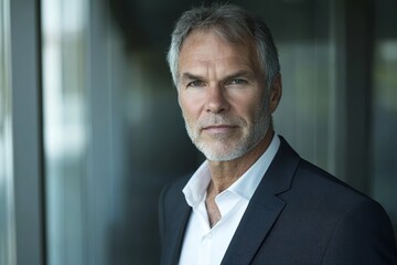 Fototapeta premium The portrait shows a confident businessman standing in the office, surrounded by the success of his corporation as the CEO and executive manager