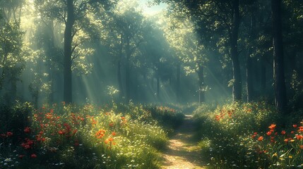 Obraz premium A sunlit path winds through a lush green forest with vibrant red poppies blooming on either side.
