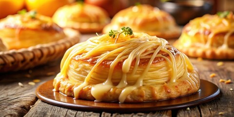 A golden, caramelized pastry with a delicate swirl of glaze, surrounded by a medley of similar delights on a rustic wooden surface.