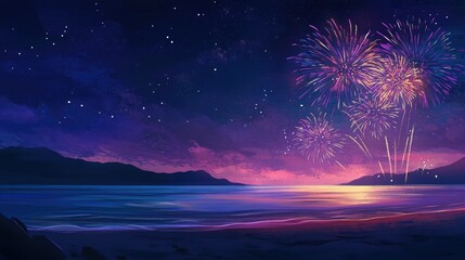 Fireworks in the night sky above a tranquil beach, vibrant colors and ample space for text