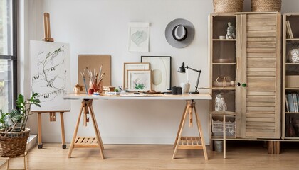 Unique artist workspace interior with stylish desk, wooden easel, bookcase, artworks, painting accessories, decoration and elegant personal stuff. Modern work room for artist. Template.