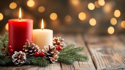 Festive candles and pine cones on rustic table
