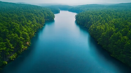 Obraz premium Aerial view of a pristine lake surrounded by lush green trees.